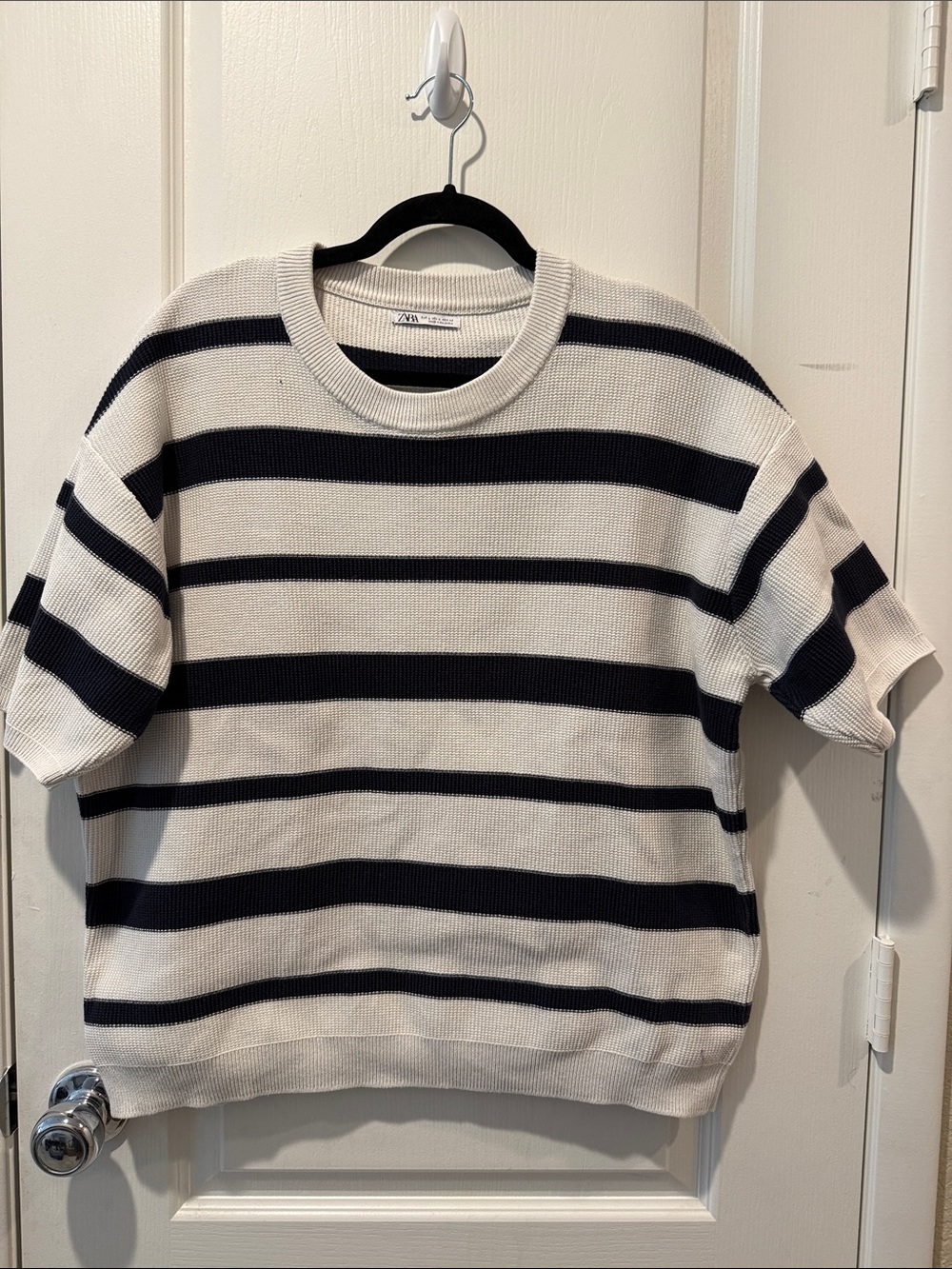Zara Navy and White Striped Short-Sleeve Sweater